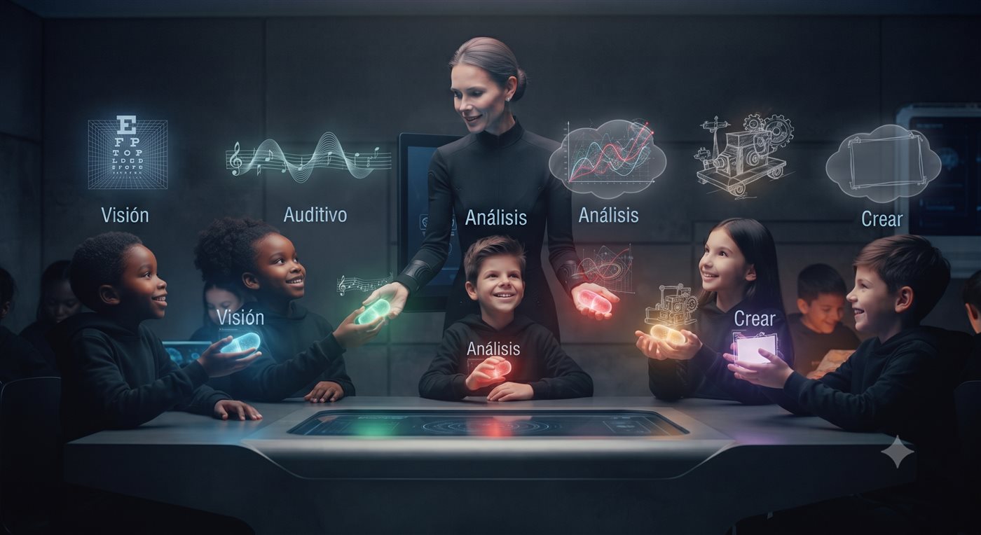 Estudiantes con esferas de cognición: visión, auditivo, análisis, crear